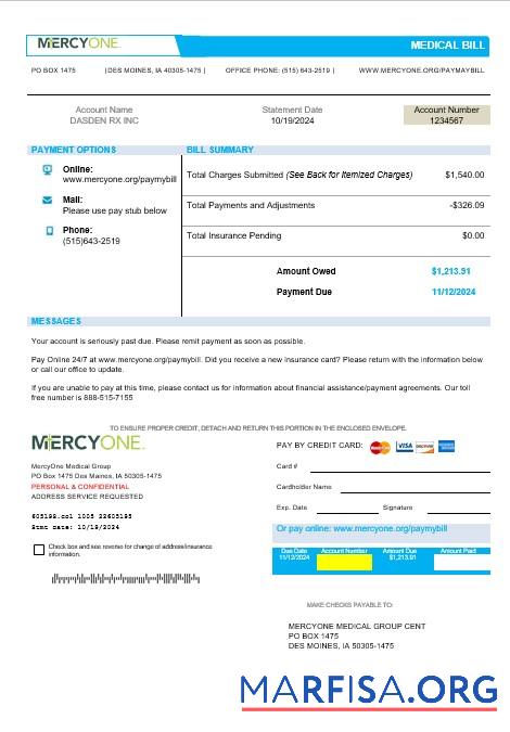 Printable USA Iowa MercyOne medical business utility bill template in Word and PDF formats